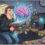 Comic illustration: a sweating man at 3:17 am tries to zip a giant glowing AI brain into a small suitcase tagged Q4_K_M, while his gaming PC smokes and a robot sommelier offers a file from a monitor listing Q2_K, Q4_K_M and Q8_0.