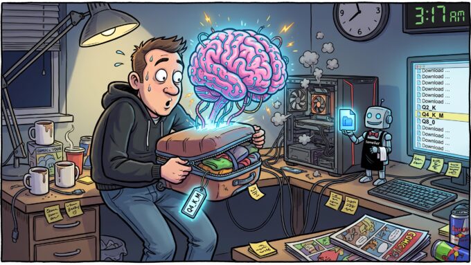 Comic illustration: a sweating man at 3:17 am tries to zip a giant glowing AI brain into a small suitcase tagged Q4_K_M, while his gaming PC smokes and a robot sommelier offers a file from a monitor listing Q2_K, Q4_K_M and Q8_0.